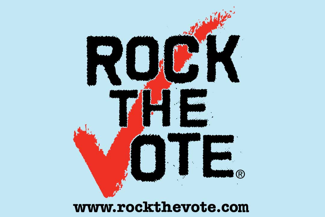 Kyltti, jossa lukee ”Rock the Vote”, punaisella valintamerkillä